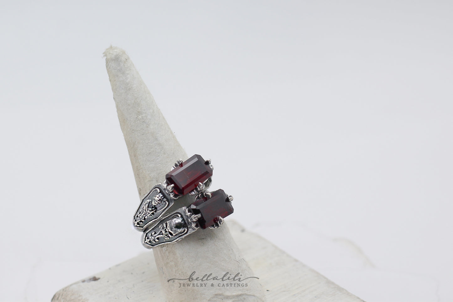 Hades + Persephone Ring, Garnet Baguette Sterling